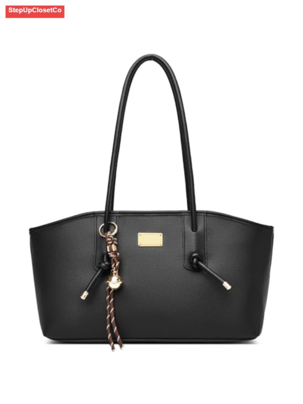 Vegan Leather Shoulder Bag with Zipper and Knotted Straps